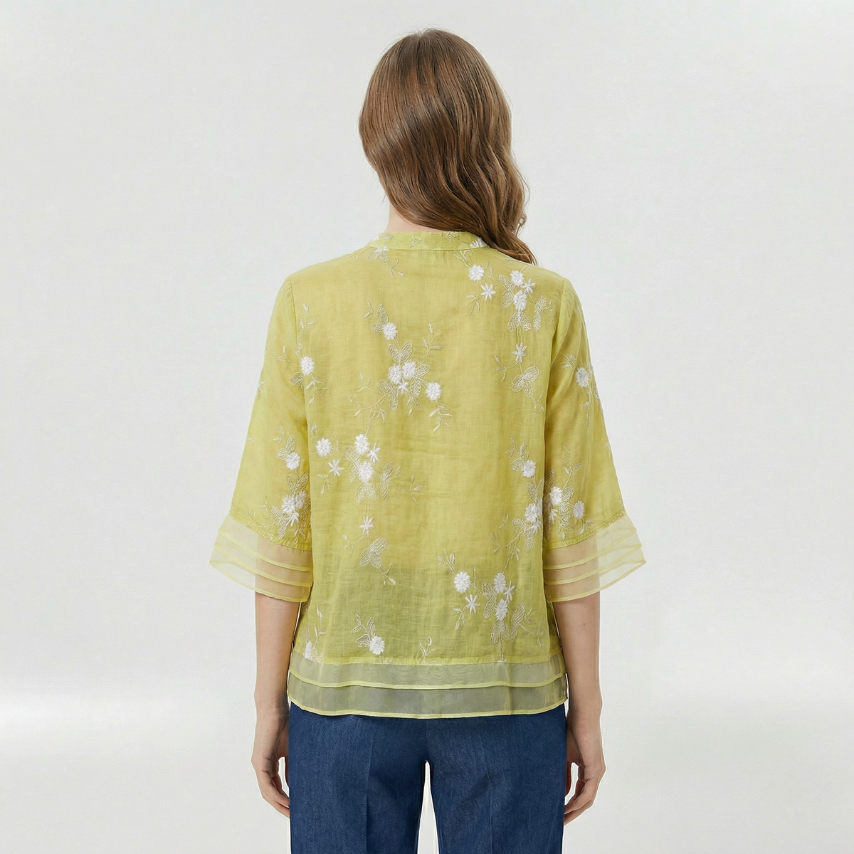 Blusa donna morbida con ricami floreali e colletto coreano casual