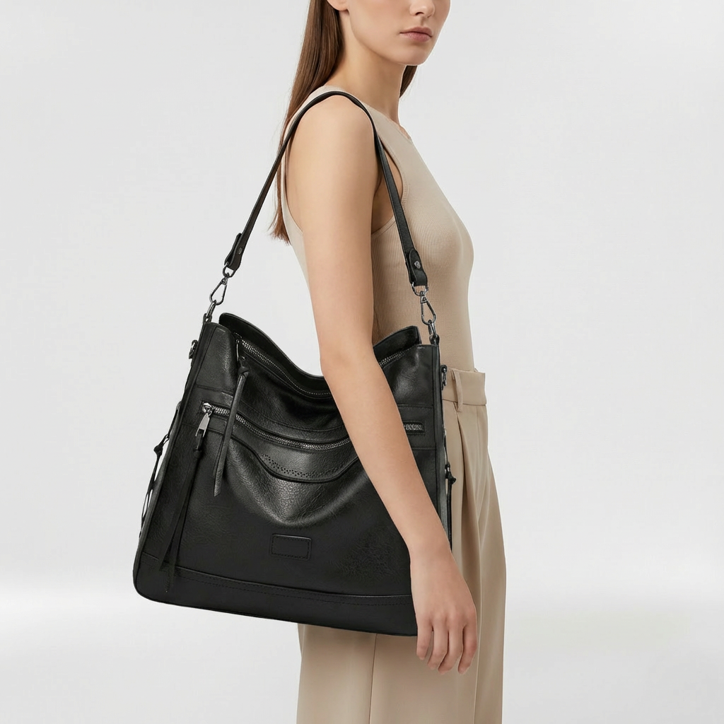 Borsa a spalla morbida da donna con zip e tasche frontali