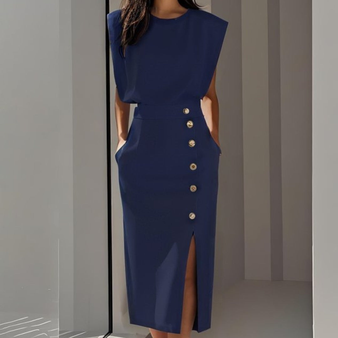 Andrea | Vestito Midi Aderente con Bottoni Donna Senza Maniche