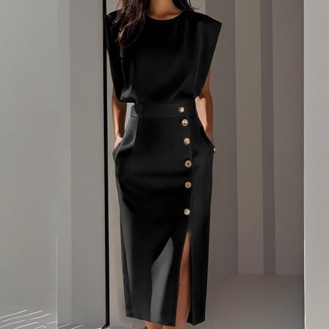 Andrea | Vestito Midi Aderente con Bottoni Donna Senza Maniche