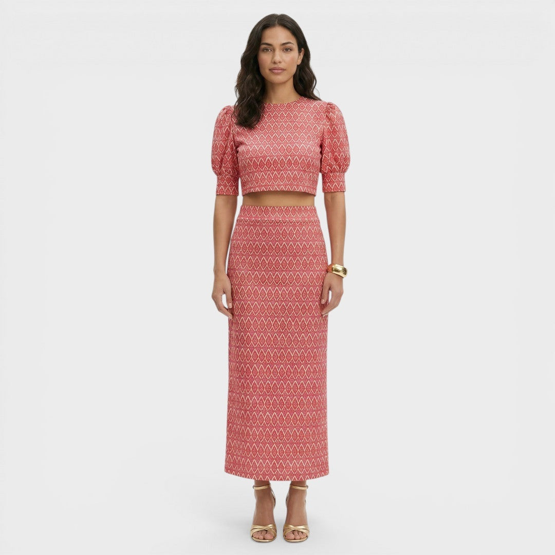 Completo Elegante con Stampa Geometrica e Maniche a Sbuffo da Donna