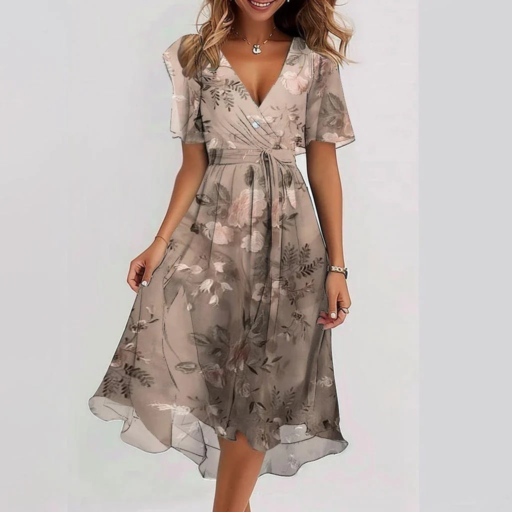 Emily Vestito Midi Donna – Abito Leggero in Chiffon con Stampa Floreale, Scollo a V e Vita Aderente