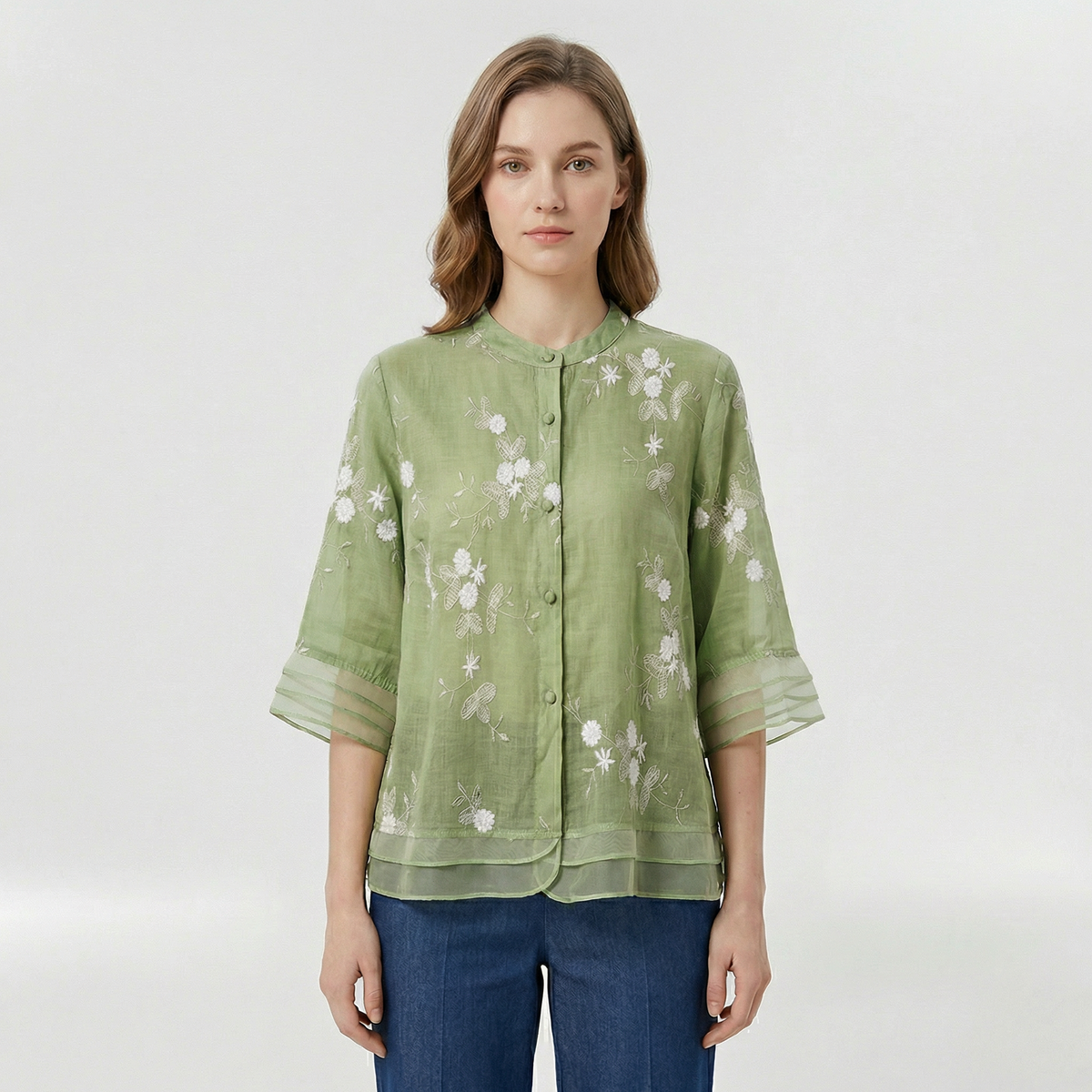 Blusa donna morbida con ricami floreali e colletto coreano casual