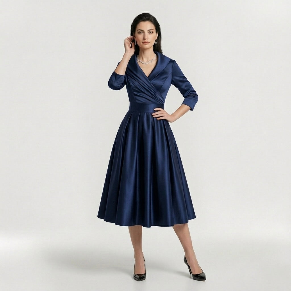 Abito Midi Elegante da Donna con Maniche Lunghe – Vestito Classico Svasato con Cintura