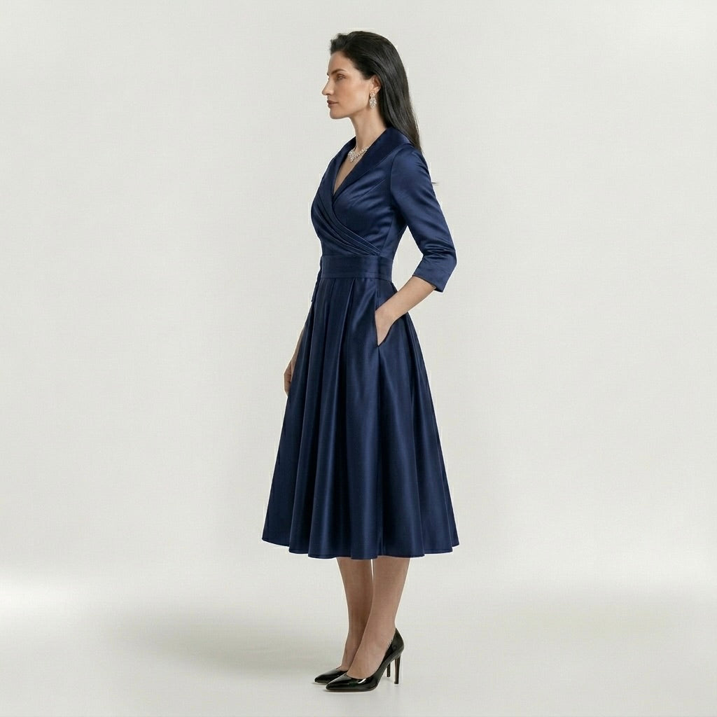 Abito Midi Elegante da Donna con Maniche Lunghe – Vestito Classico Svasato con Cintura