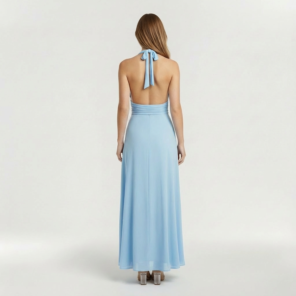 Abito maxi da donna con scollo halter e spacco laterale elegante