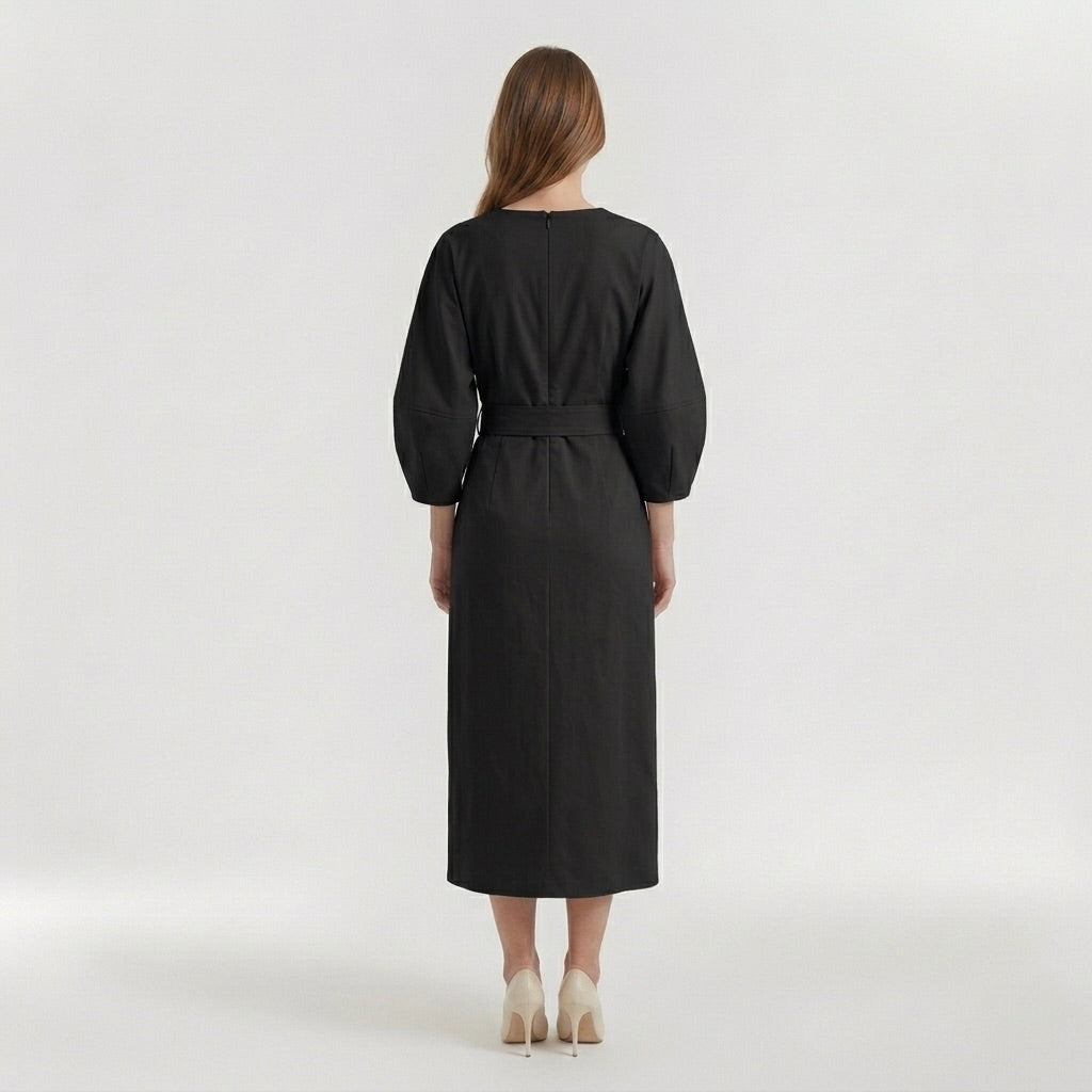 Abito Midi Elegante da Donna a Maniche Lunghe – Vestito Casual Chic con Cintura