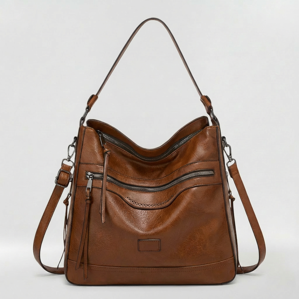 Borsa a spalla morbida da donna con zip e tasche frontali