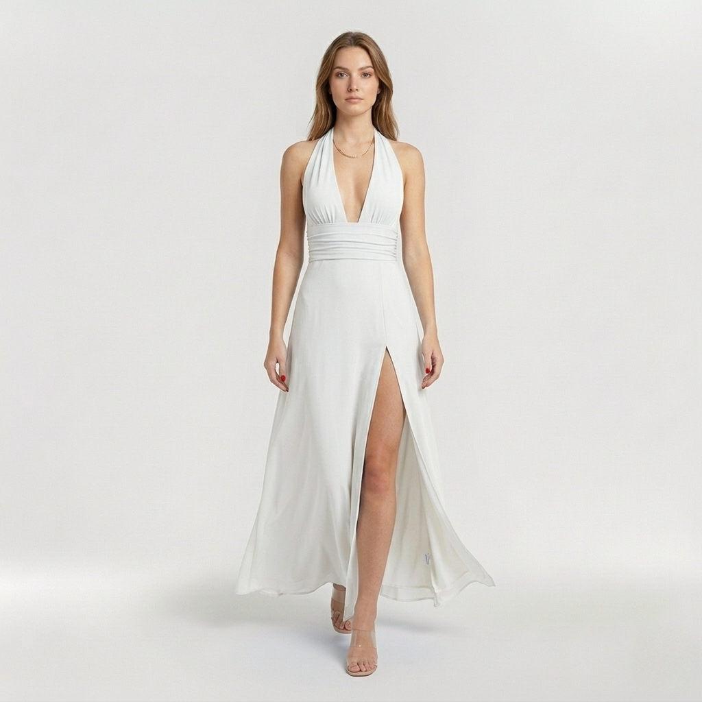 Abito maxi da donna con scollo halter e spacco laterale elegante