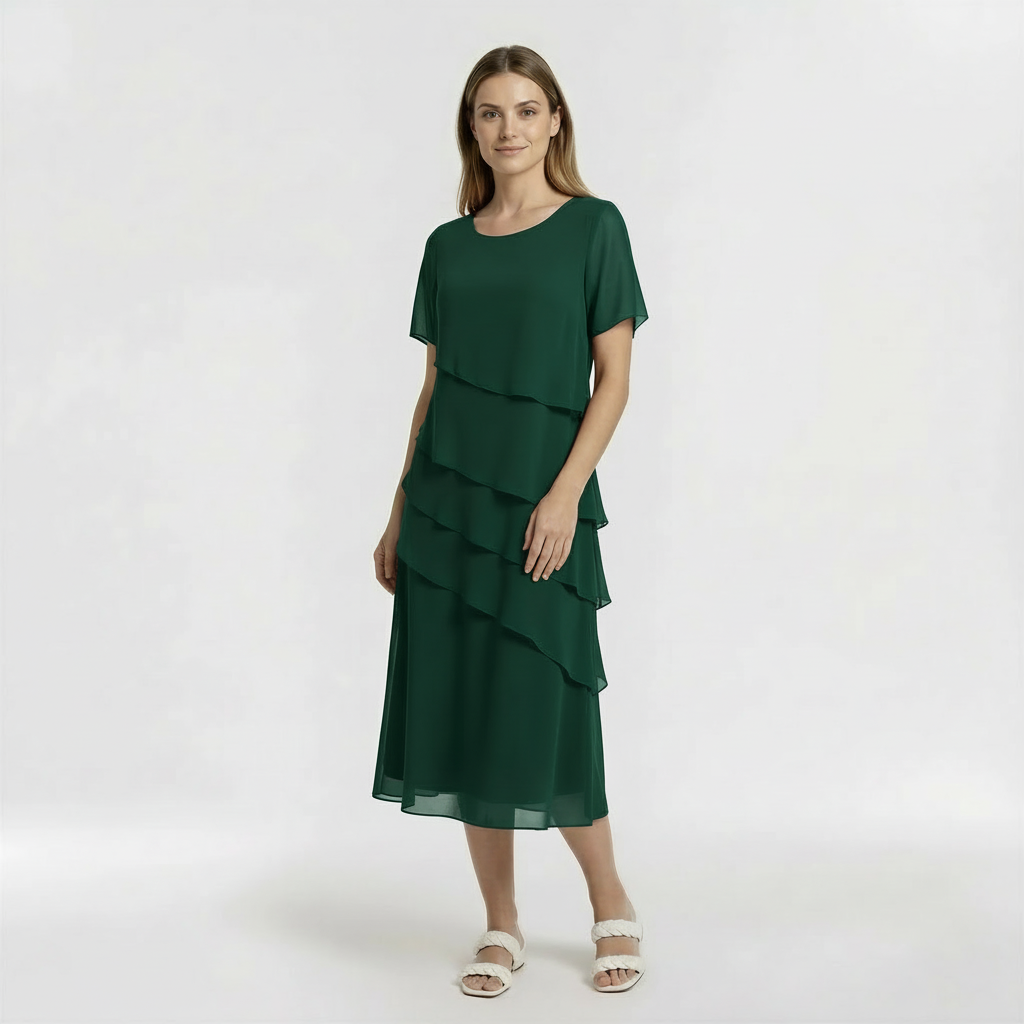 Vestito Donna Elegante Midi Maniche Corte Abito da Cerimonia con Drappeggio