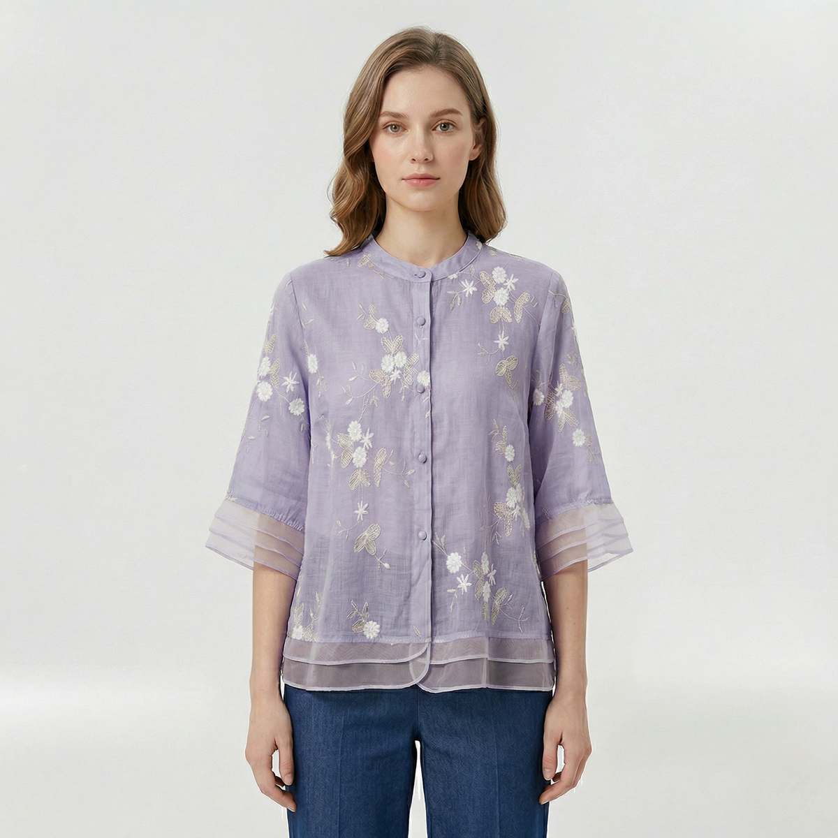Blusa donna morbida con ricami floreali e colletto coreano casual