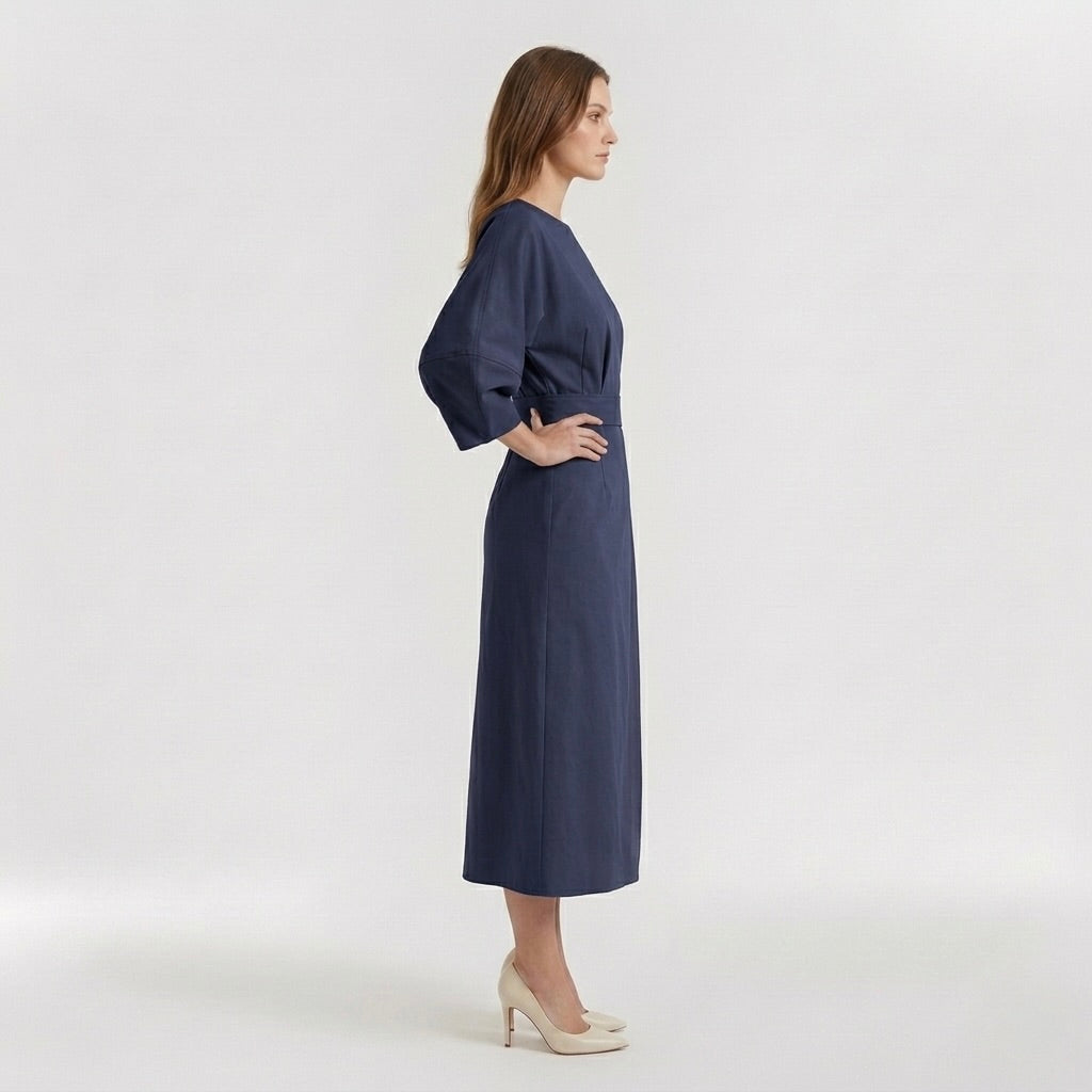Abito Midi Elegante da Donna a Maniche Lunghe – Vestito Casual Chic con Cintura