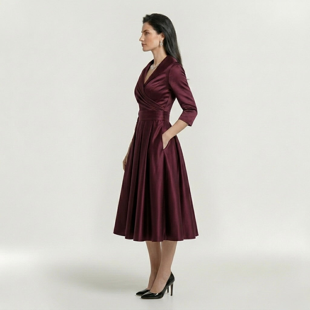 Abito Midi Elegante da Donna con Maniche Lunghe – Vestito Classico Svasato con Cintura
