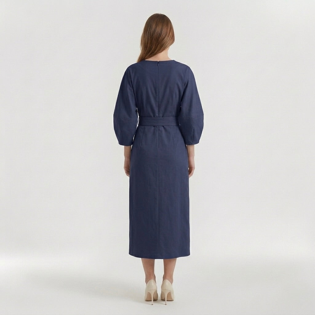 Abito Midi Elegante da Donna a Maniche Lunghe – Vestito Casual Chic con Cintura
