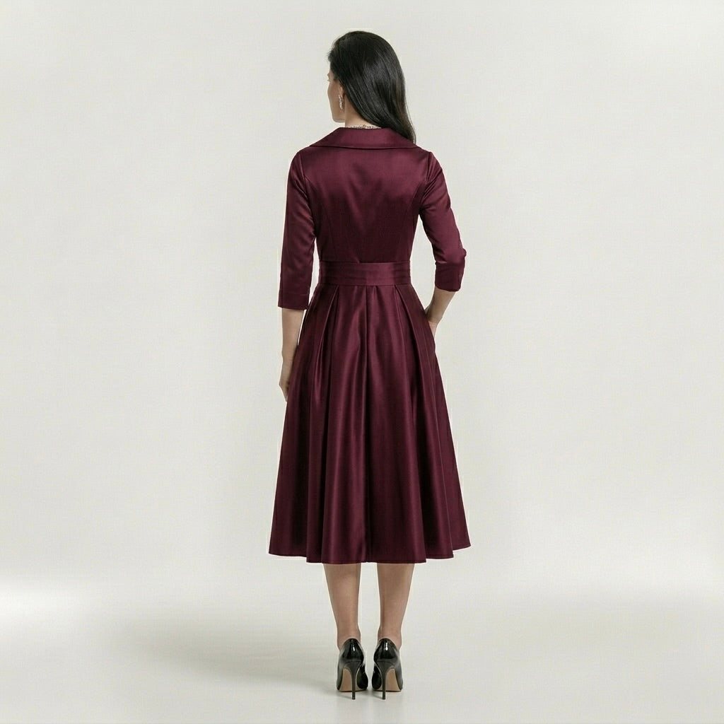 Abito Midi Elegante da Donna con Maniche Lunghe – Vestito Classico Svasato con Cintura