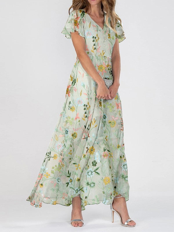 Abito Lungo da Donna con Elegante Stampa Floreale e Scollo a V