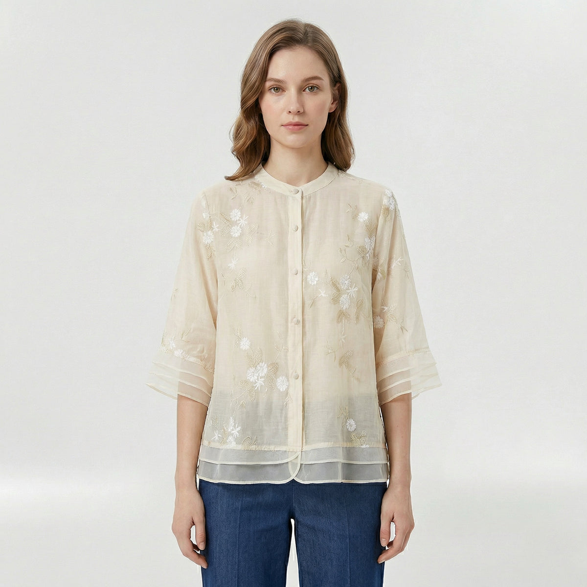 Blusa donna morbida con ricami floreali e colletto coreano casual