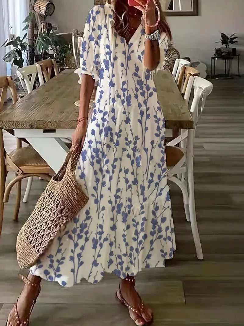 Abito Boho Charm da Donna – Elegante Vestito Estivo a Volant con Scollo a V e Motivo Ikat