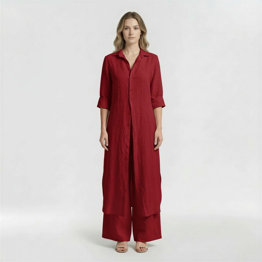 Completo Donna 2 Pezzi Camicia Lunga e Pantaloni in Cotone Set Casual Elegante