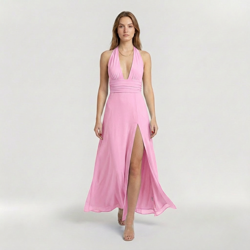 Abito maxi da donna con scollo halter e spacco laterale elegante