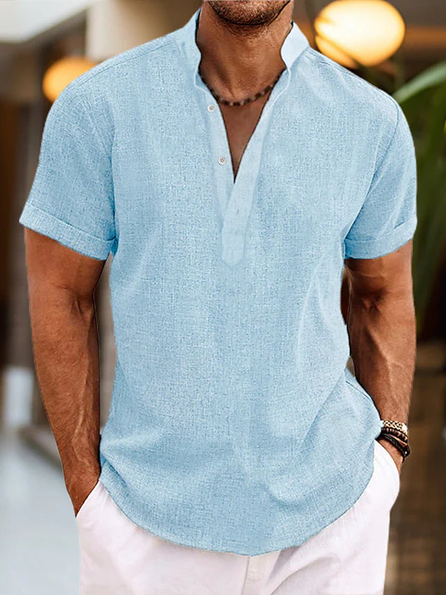 Camicia in Lino da Uomo Silas – Camicia Estiva Traspirante con Collo Henley e Maniche Corte