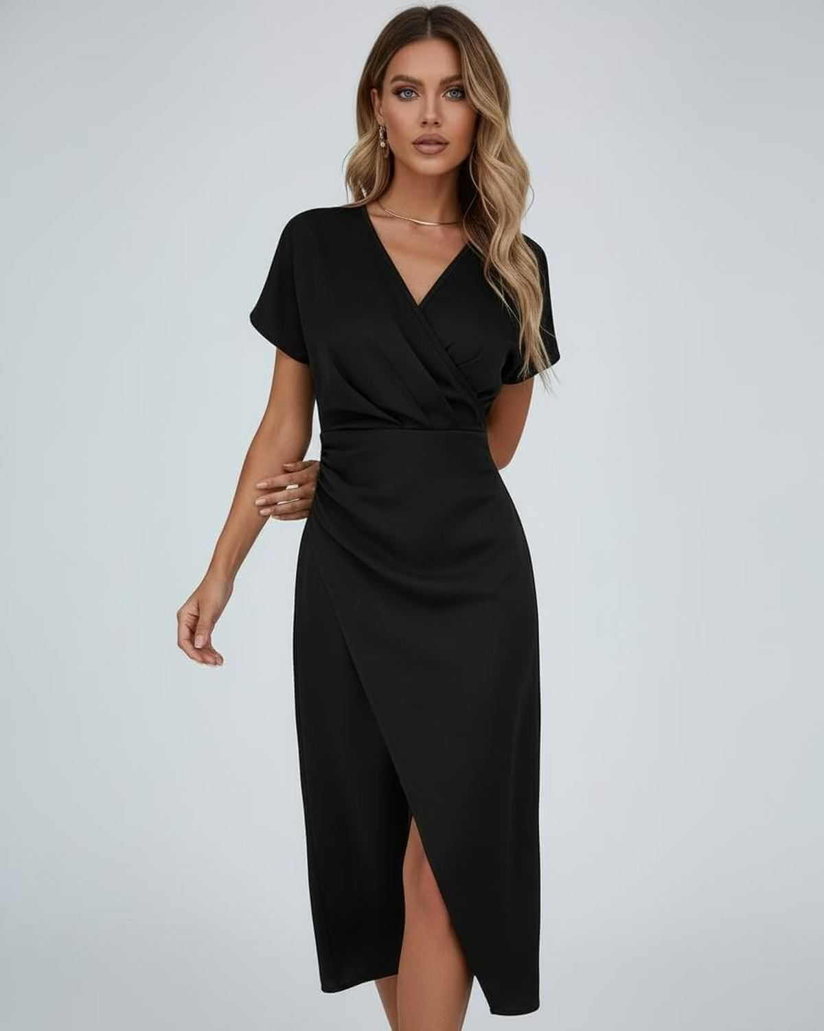 Elara Midi Dress by Lauven - Elegant black wrap dress showcasing a modern feminine silhouette.