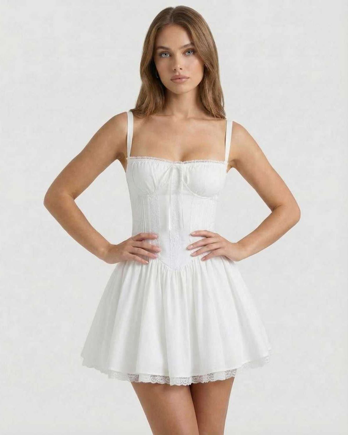 Elara Mini Dress featuring corset style, lace trim, A-line skirt, made by Lauven, offering comfort and style.