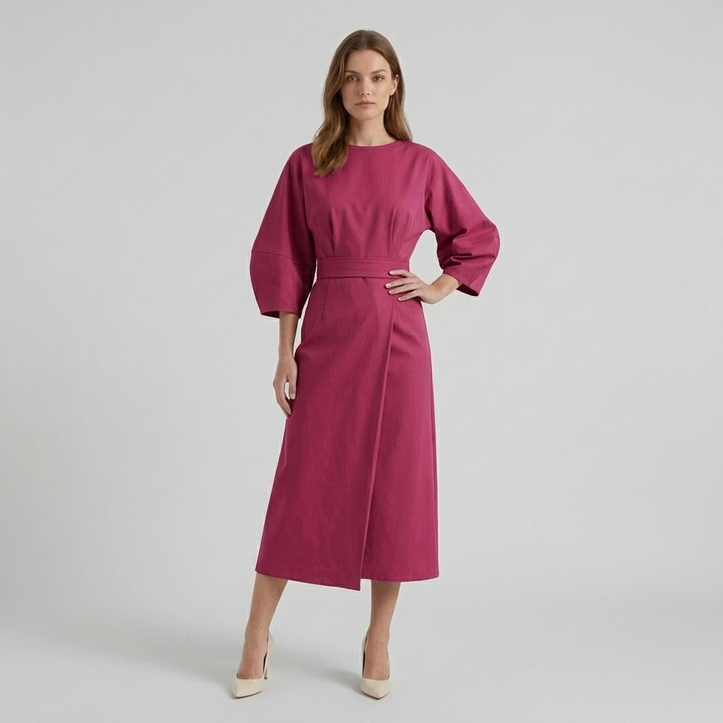 Abito Midi Elegante da Donna a Maniche Lunghe – Vestito Casual Chic con Cintura