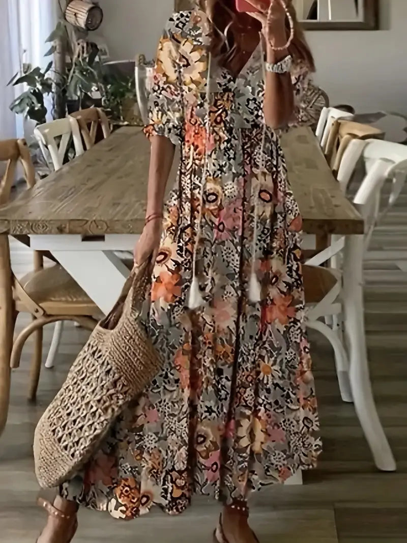 Abito Boho Charm da Donna – Elegante Vestito Estivo a Volant con Scollo a V e Motivo Ikat