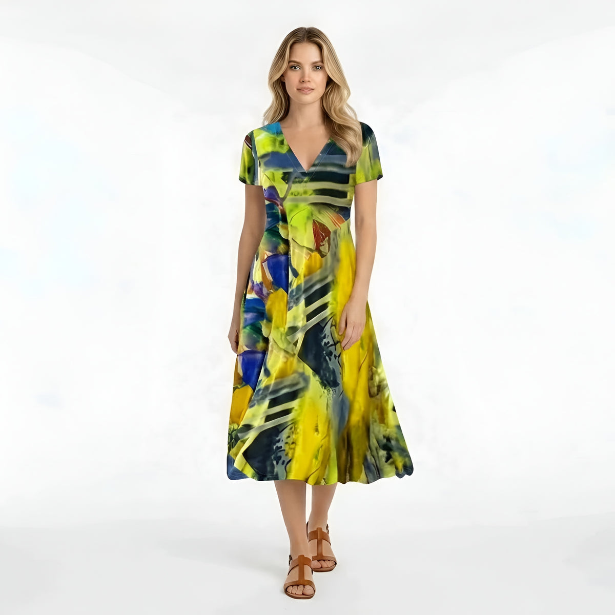 Vestito donna midi stampa astratta manica corta abito casual scollo V fluido