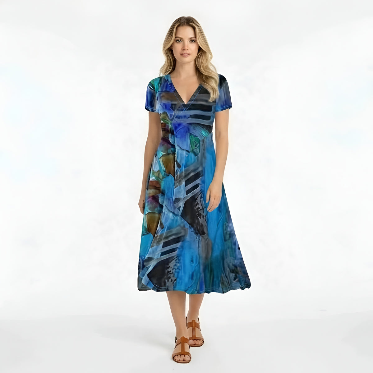 Vestito donna midi stampa astratta manica corta abito casual scollo V fluido