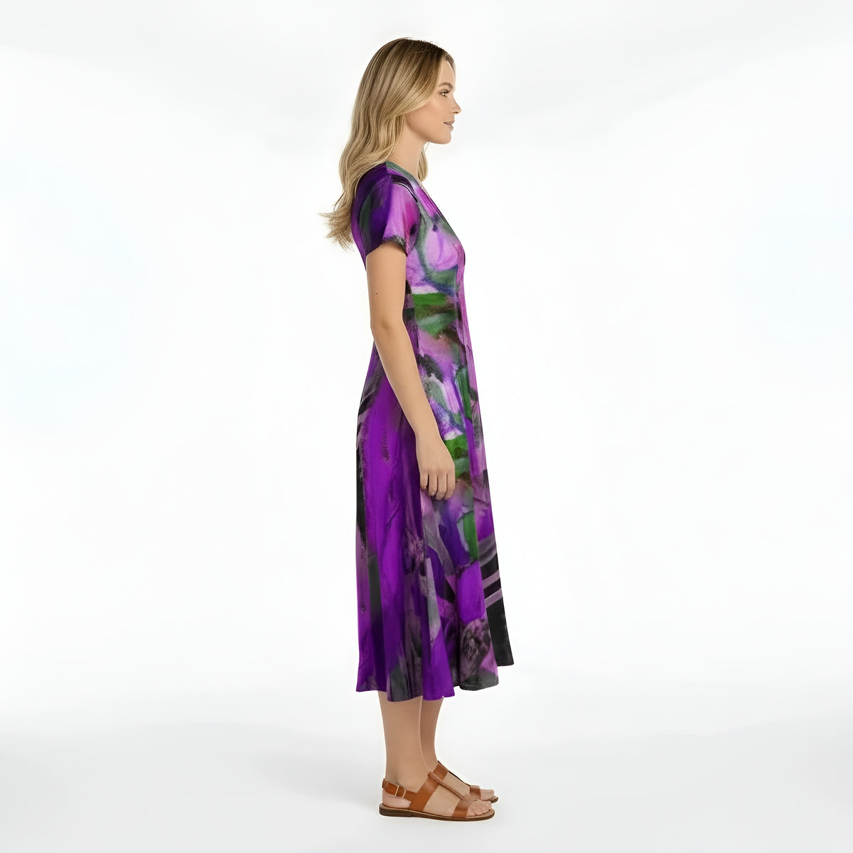 Vestito donna midi stampa astratta manica corta abito casual scollo V fluido