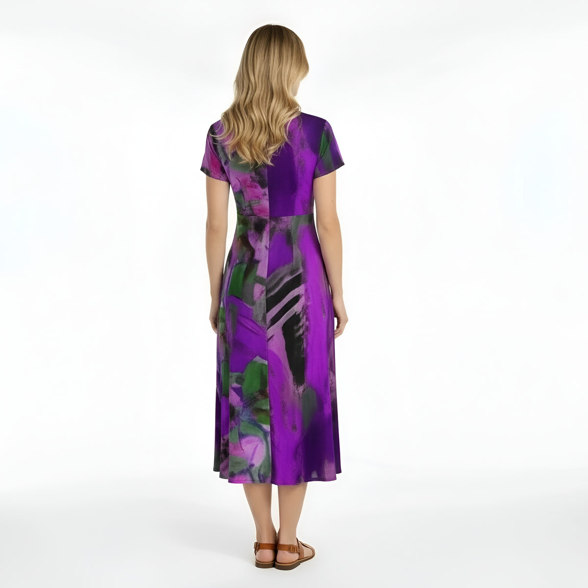 Vestito donna midi stampa astratta manica corta abito casual scollo V fluido