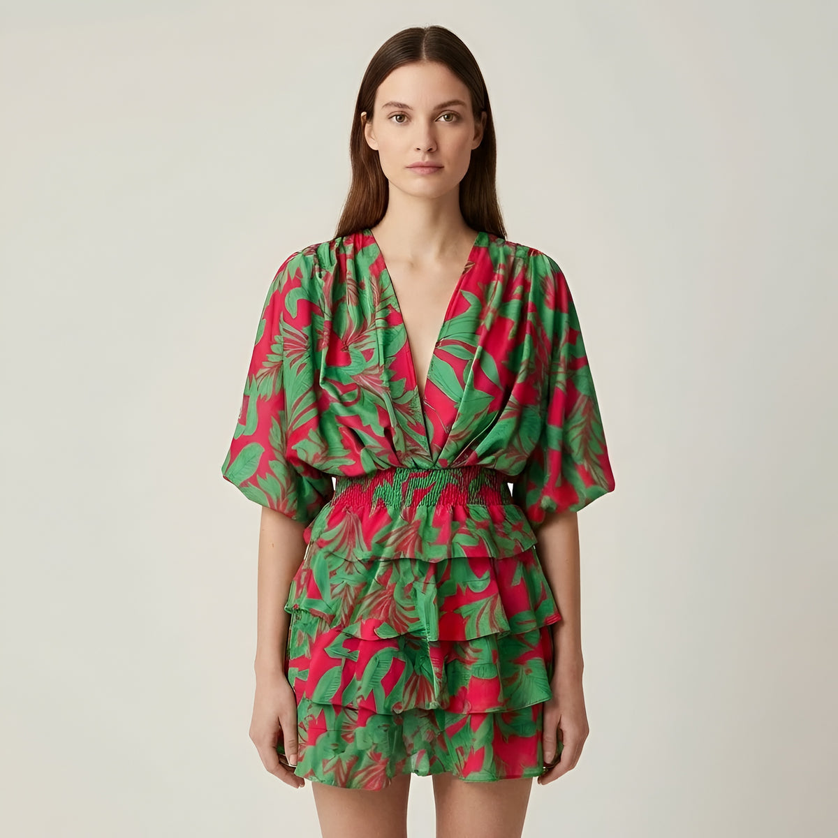 Vestito donna corto volant stampa floreale manica ampia scollo V abito estivo casual