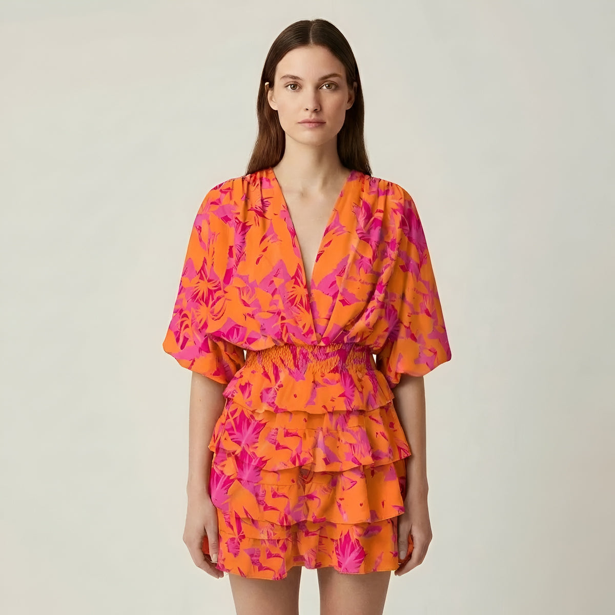 Vestito donna corto volant stampa floreale manica ampia scollo V abito estivo casual
