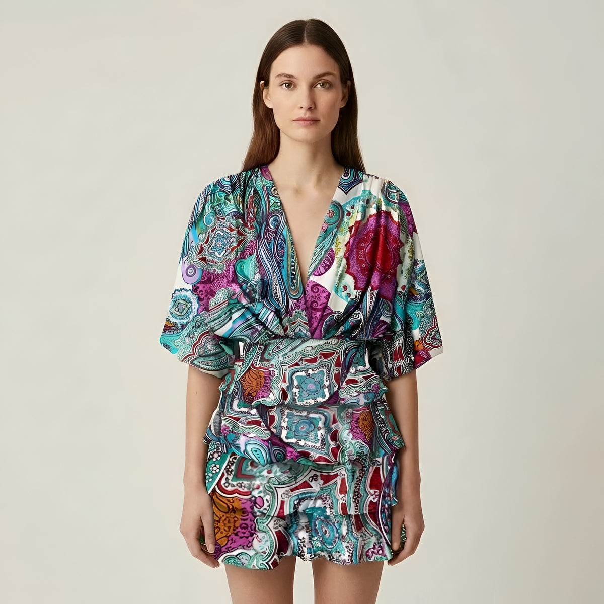 Vestito donna corto volant stampa floreale manica ampia scollo V abito estivo casual