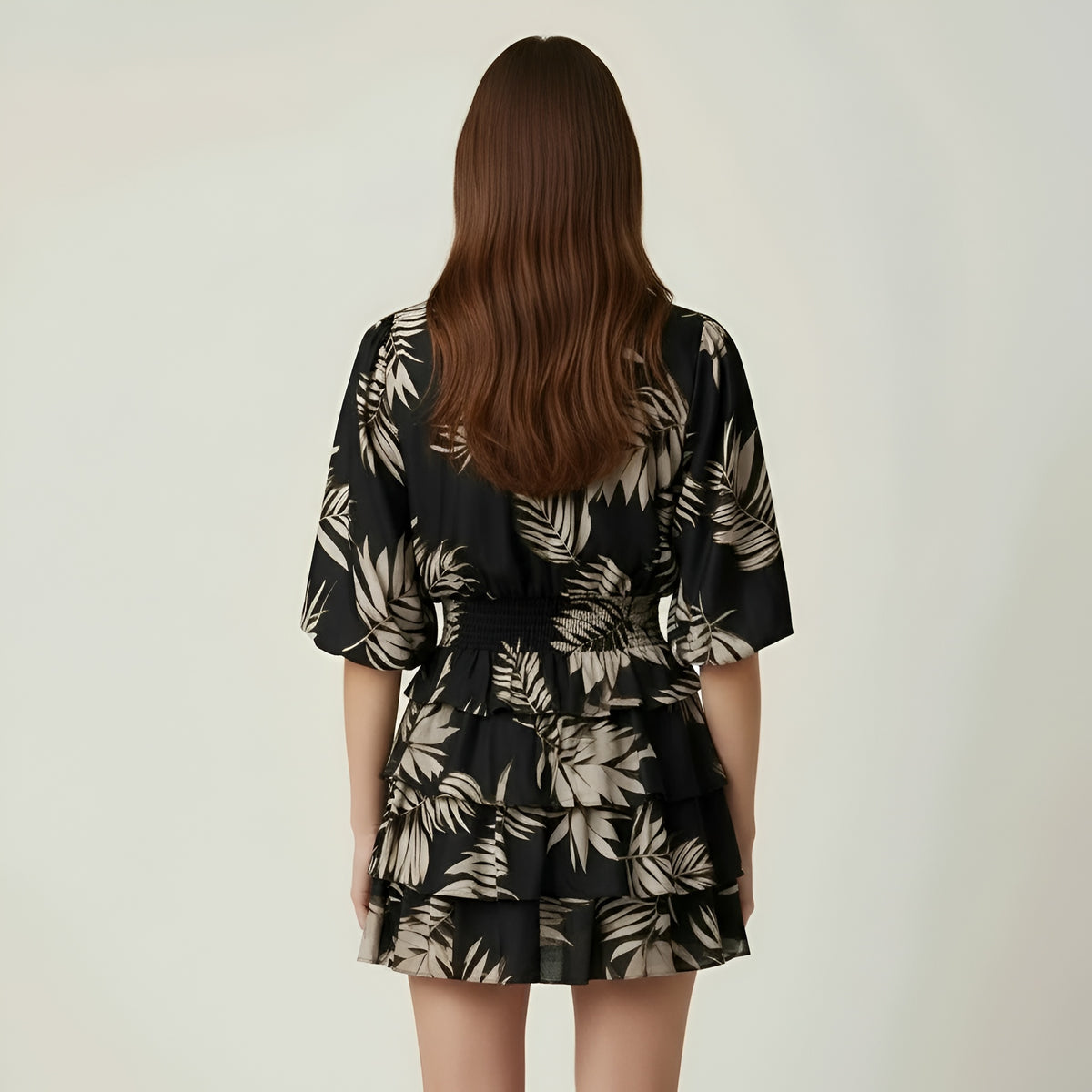 Vestito donna corto volant stampa floreale manica ampia scollo V abito estivo casual