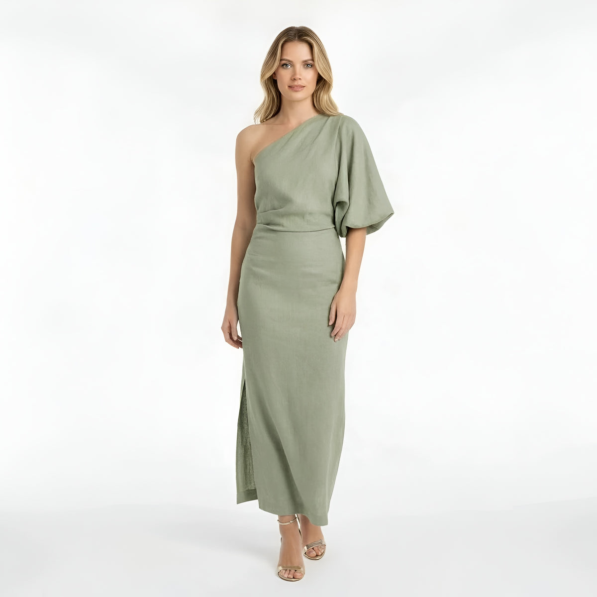 Vestito lungo donna elegante monospalla abito sera con spacco aderente slim fit