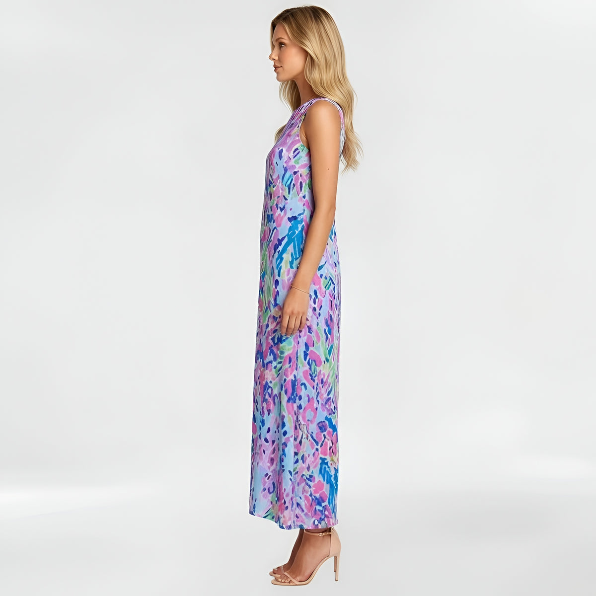 Vestito donna midi stampa floreale senza maniche abito estivo casual scollo alto