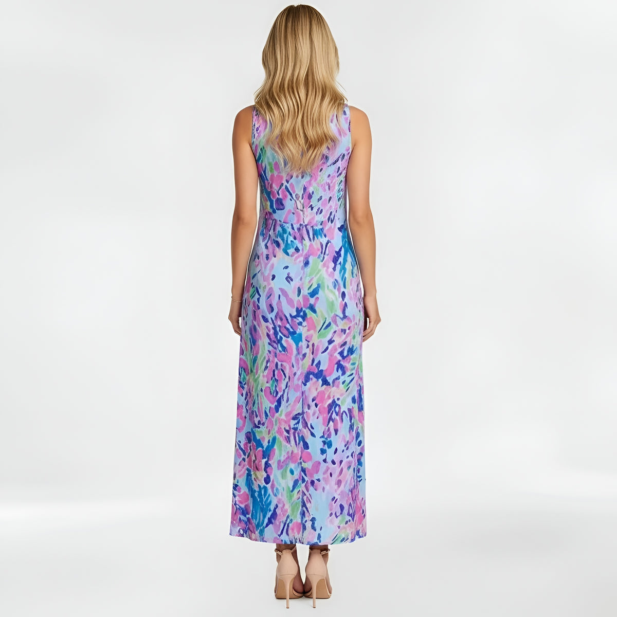Vestito donna midi stampa floreale senza maniche abito estivo casual scollo alto