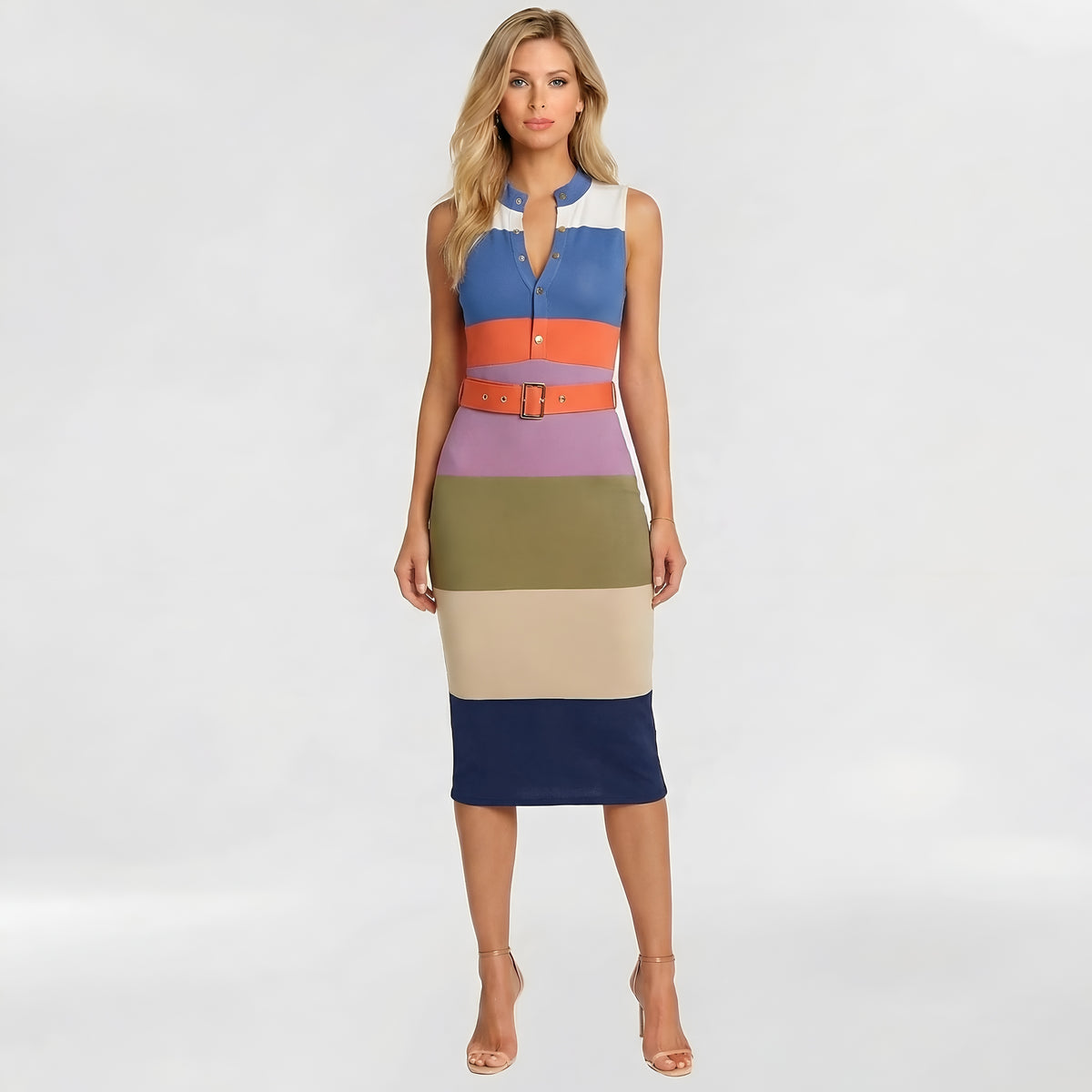 Vestito donna midi aderente senza maniche abito elegante slim fit con cintura