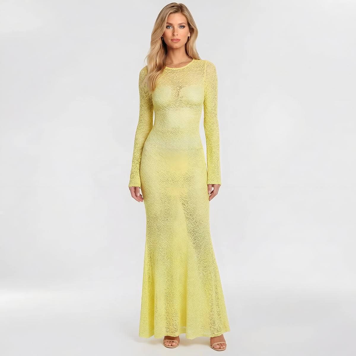 Abito lungo donna in pizzo con maniche lunghe vestito elegante aderente da sera