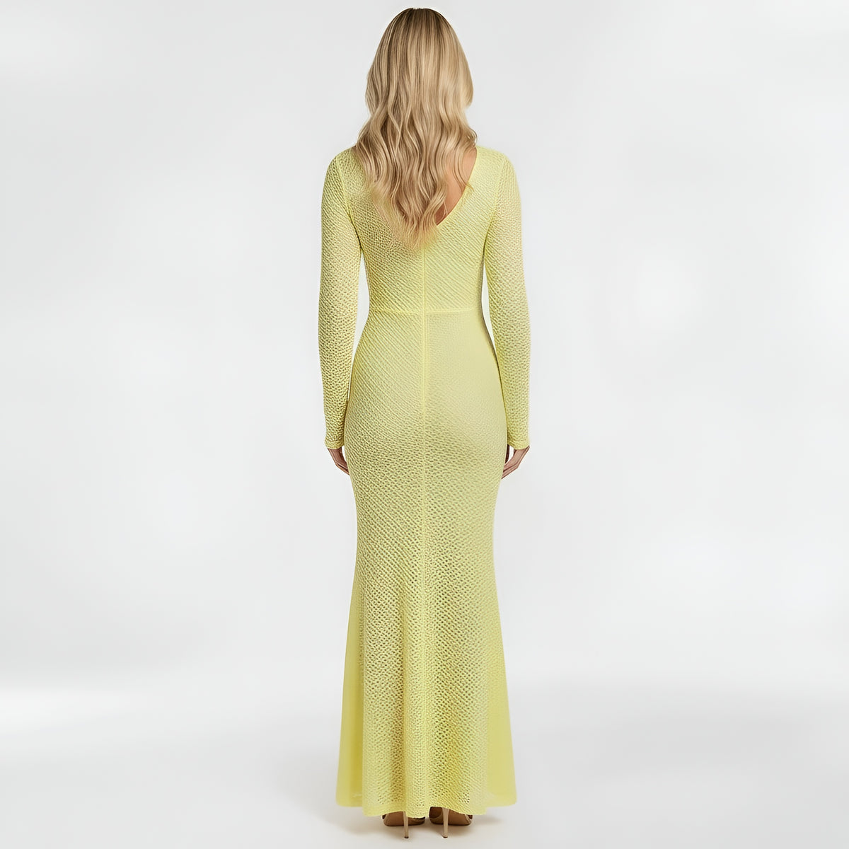 Abito lungo donna in pizzo con maniche lunghe vestito elegante aderente da sera