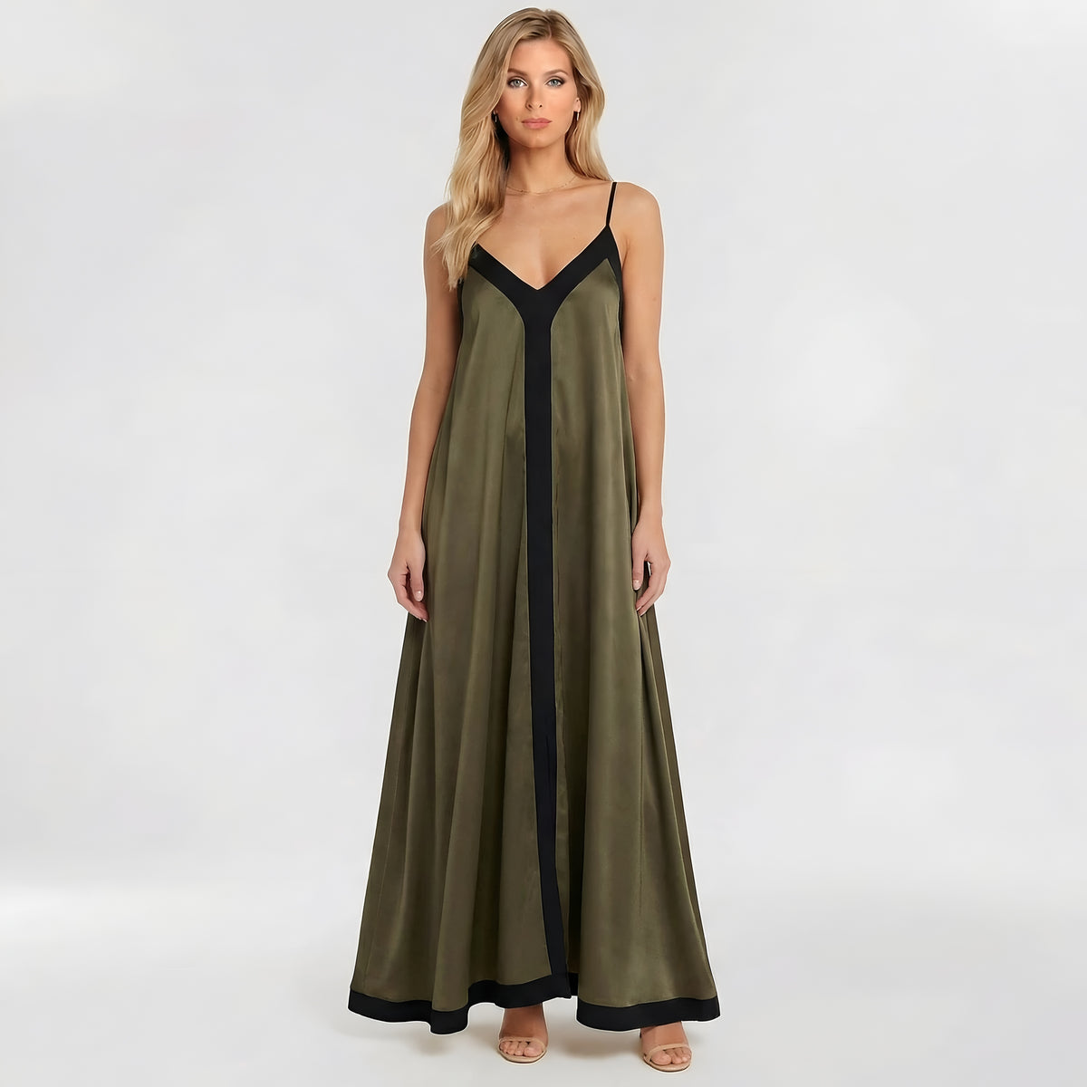 Abito lungo donna elegante con spalline sottili vestito maxi da sera con scollo V