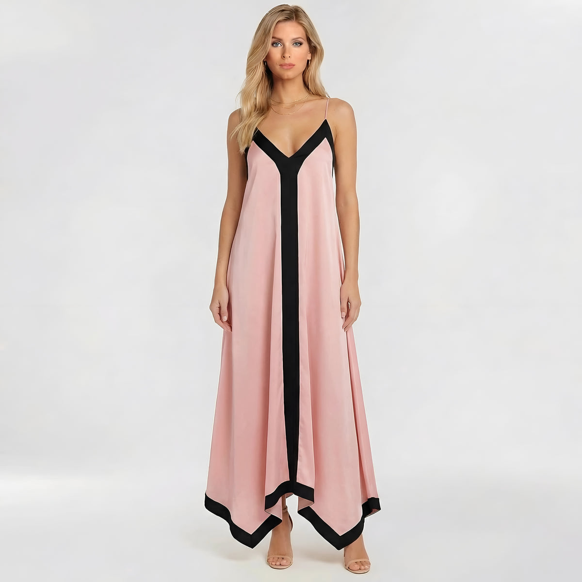 Abito lungo donna elegante con spalline sottili vestito maxi da sera con scollo V