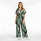 Tuta lunga donna con stampa foglie scollo V manica corta jumpsuit casual estiva