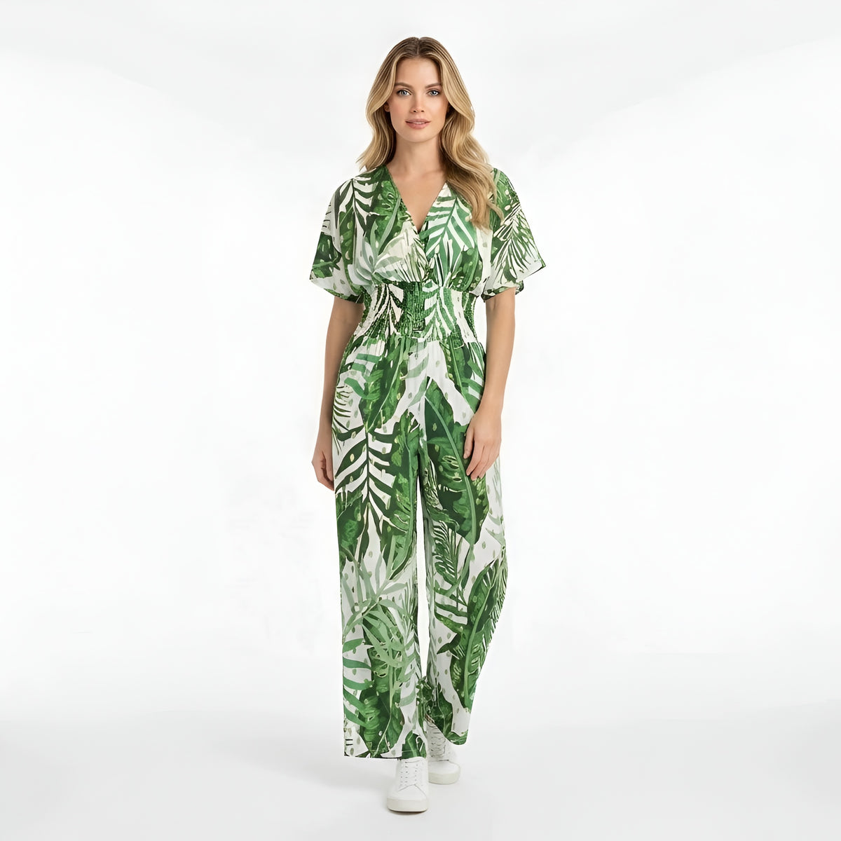 Tuta lunga donna con stampa foglie scollo V manica corta jumpsuit casual estiva