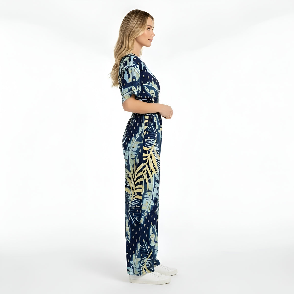 Tuta lunga donna con stampa foglie scollo V manica corta jumpsuit casual estiva