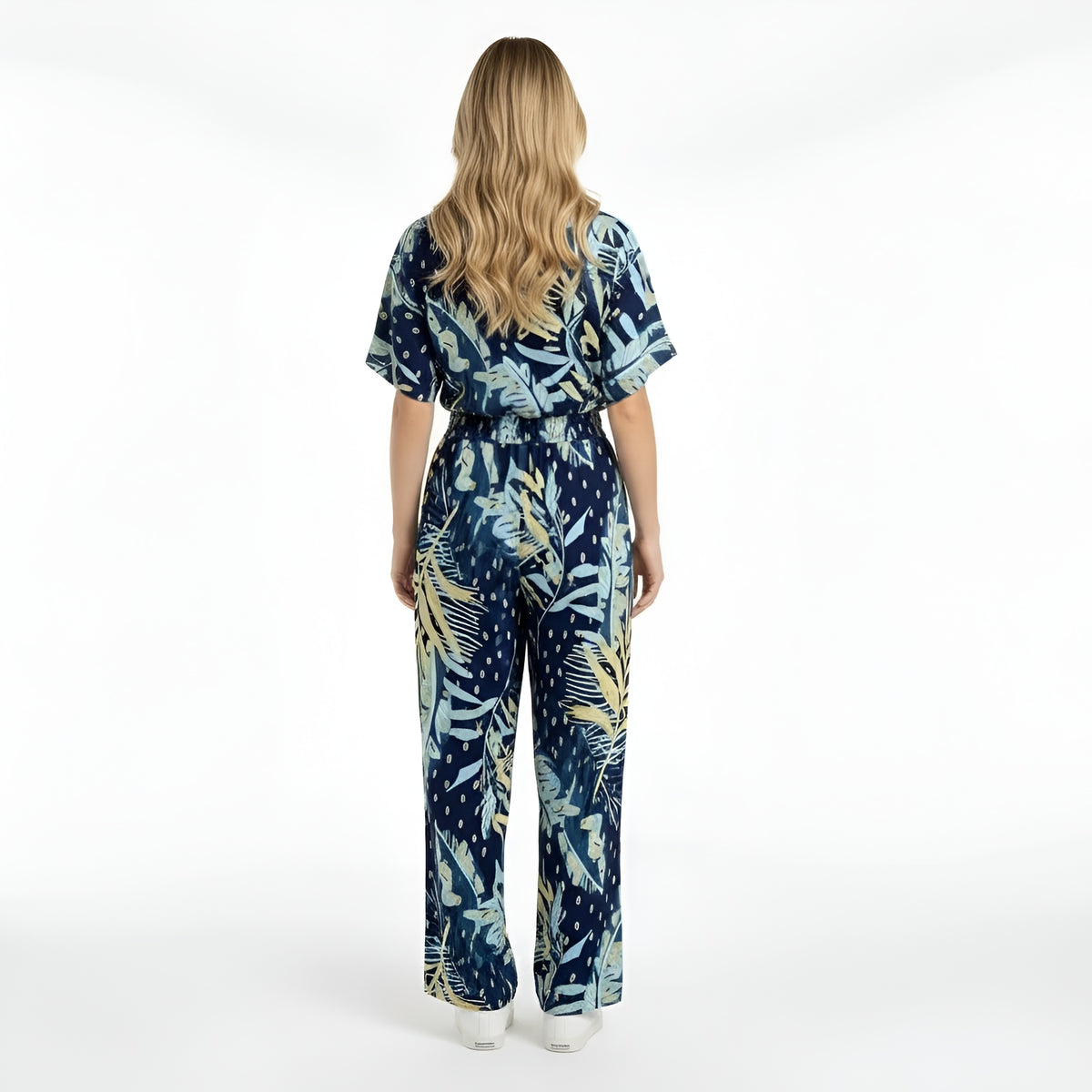 Tuta lunga donna con stampa foglie scollo V manica corta jumpsuit casual estiva