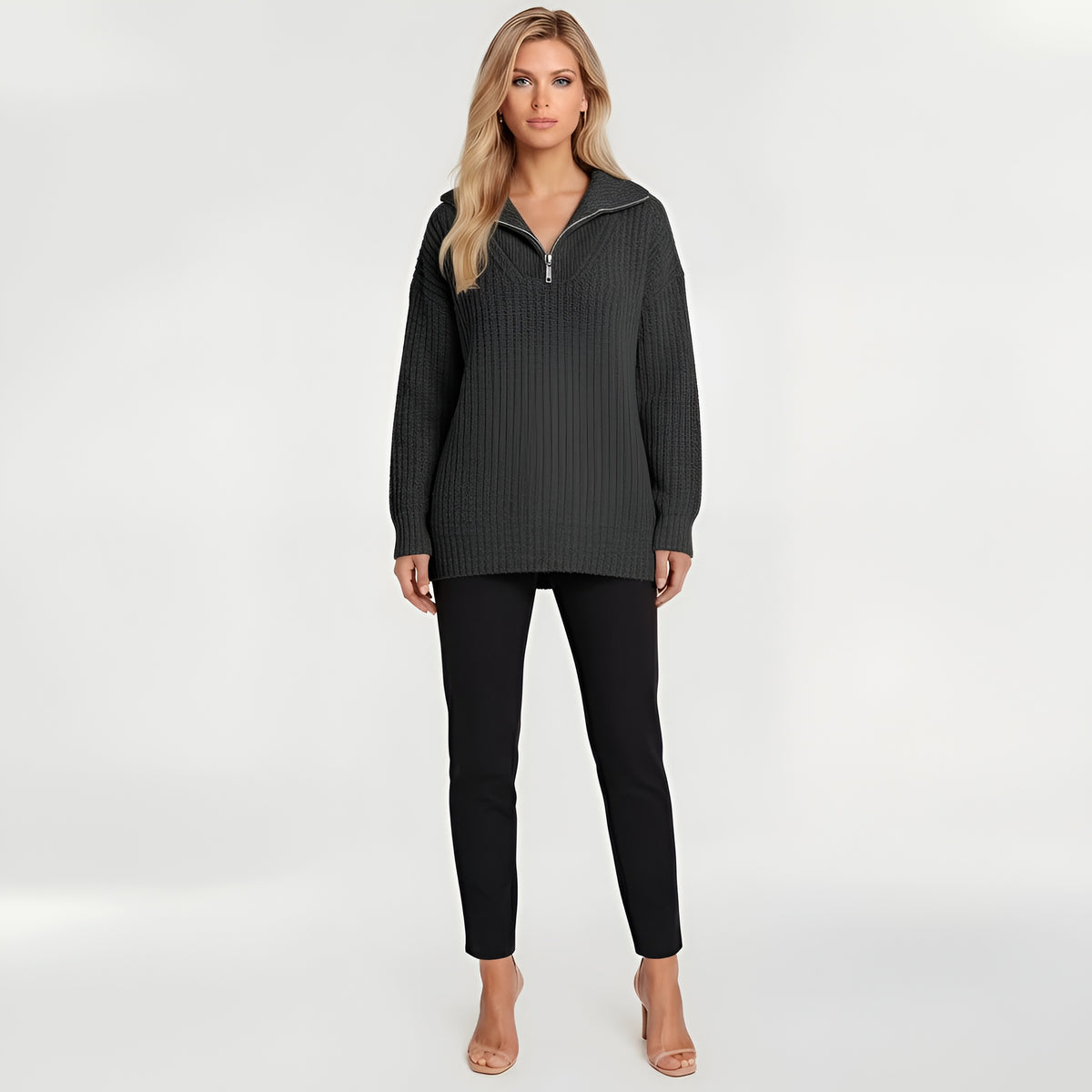 Maglione lungo donna con zip colletto alto maglia oversize casual a coste